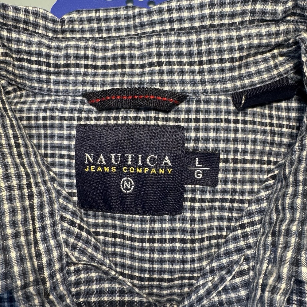 Nautica Jeans Company Button Down Mens Large Blue White Gingham Long Sleeve - Picture 5 of 10